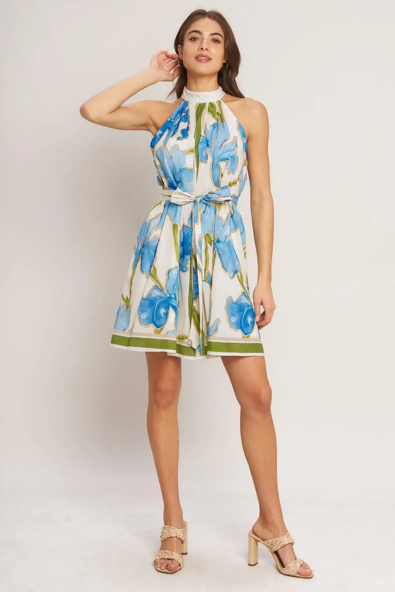 AZURE BLOOM HALTER WOVEN MINI DRESS - Flying Tomato - Flyclothing LLC