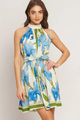 AZURE BLOOM HALTER WOVEN MINI DRESS - Flying Tomato - Flyclothing LLC