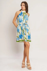 AZURE BLOOM HALTER WOVEN MINI DRESS - Flying Tomato - Flyclothing LLC