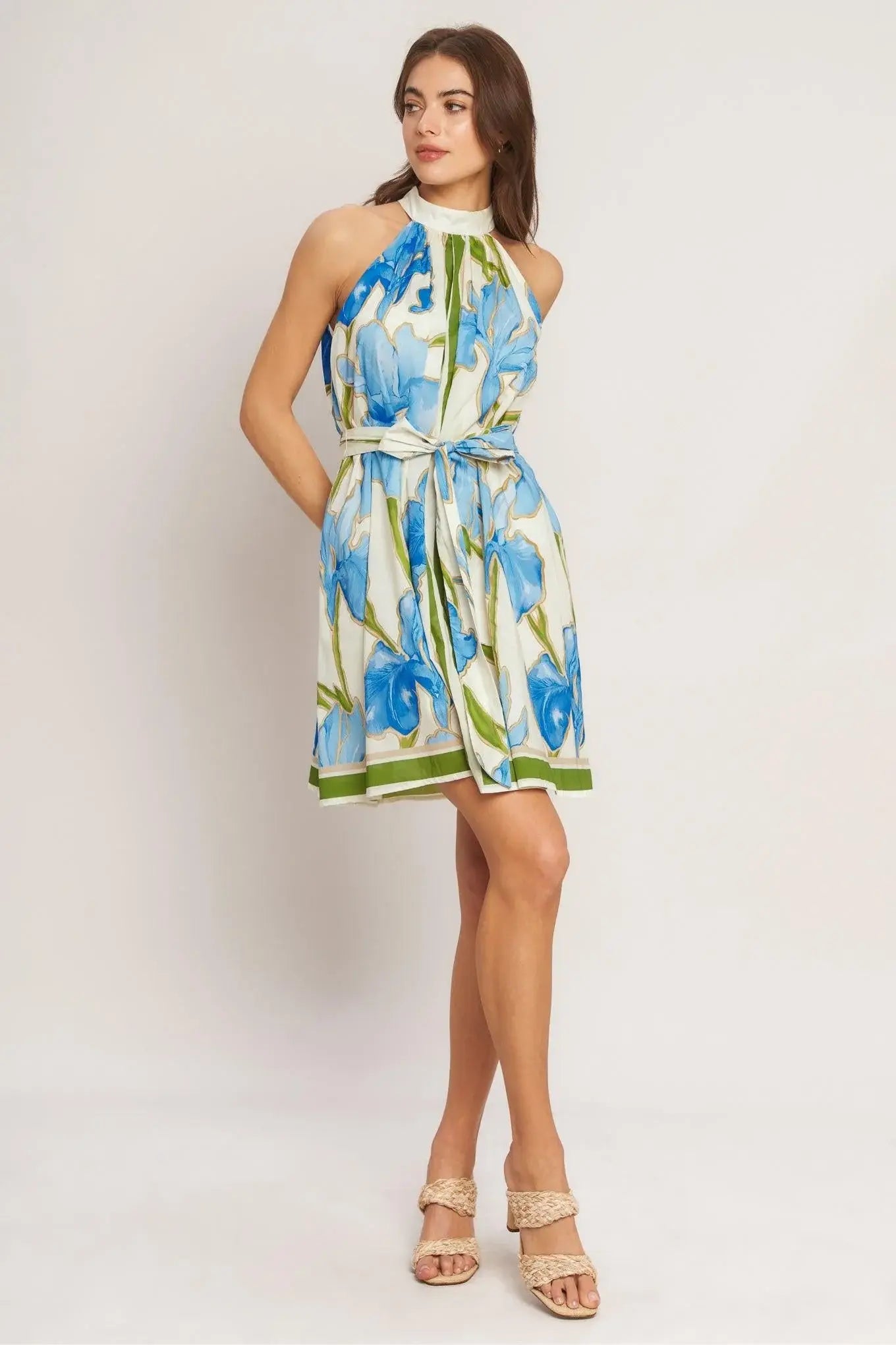 AZURE BLOOM HALTER WOVEN MINI DRESS - Flying Tomato - Flyclothing LLC