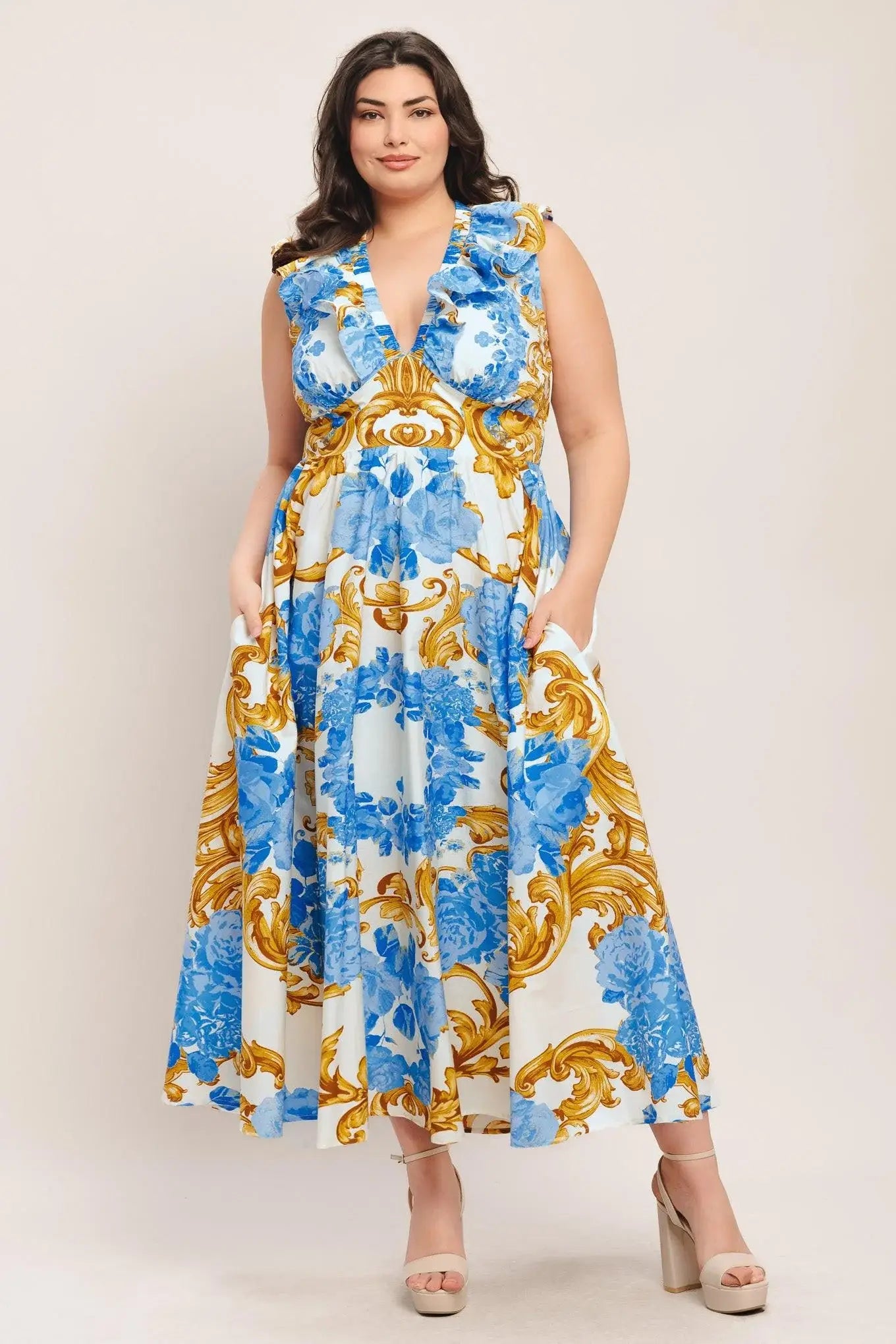 BAROQUE BLOOM WOVEN MIDI DRESS - Flying Tomato - Flyclothing LLC