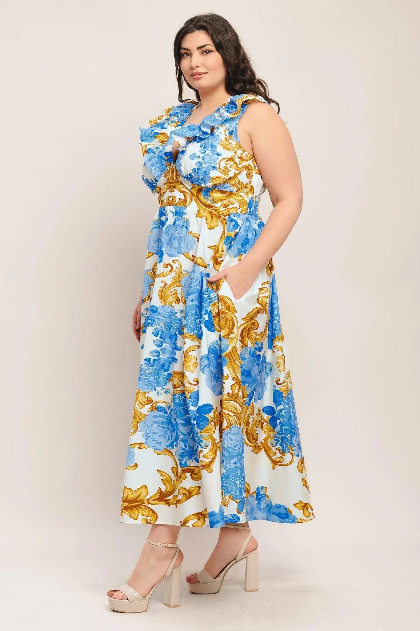 BAROQUE BLOOM WOVEN MIDI DRESS - Flying Tomato - Flyclothing LLC