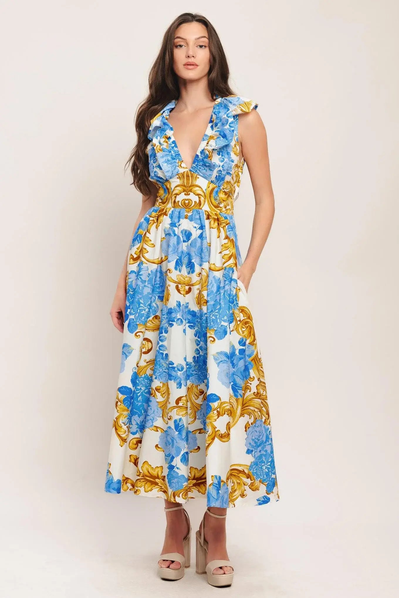 BAROQUE BLOOM WOVEN MIDI DRESS - Flying Tomato - Flyclothing LLC