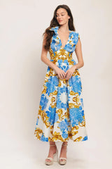 BAROQUE BLOOM WOVEN MIDI DRESS - Flying Tomato - Flyclothing LLC