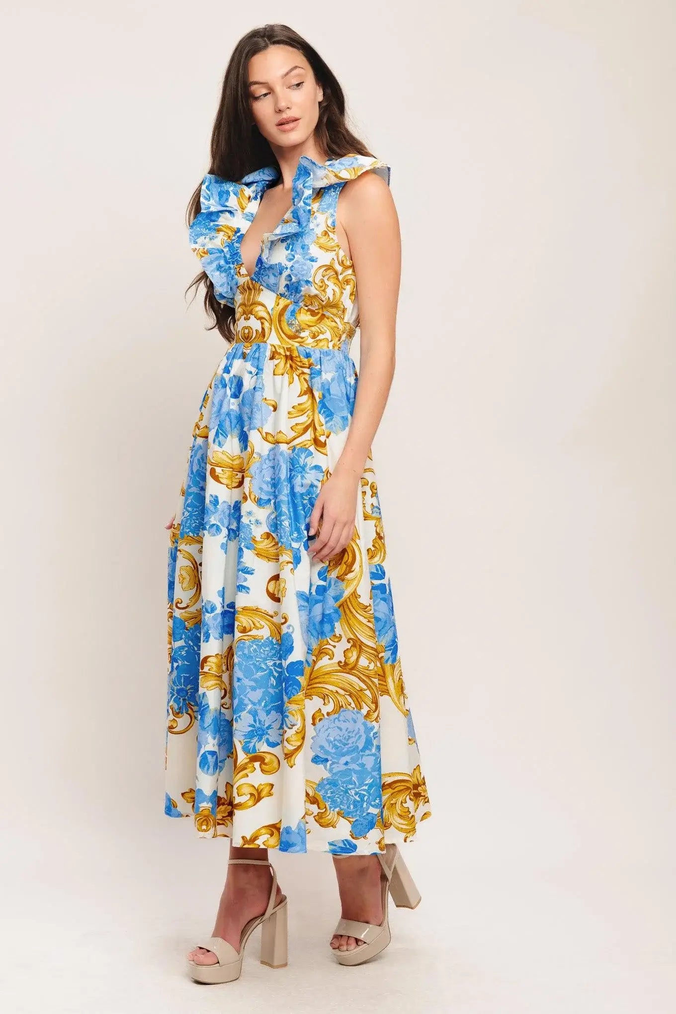 BAROQUE BLOOM WOVEN MIDI DRESS - Flying Tomato - Flyclothing LLC