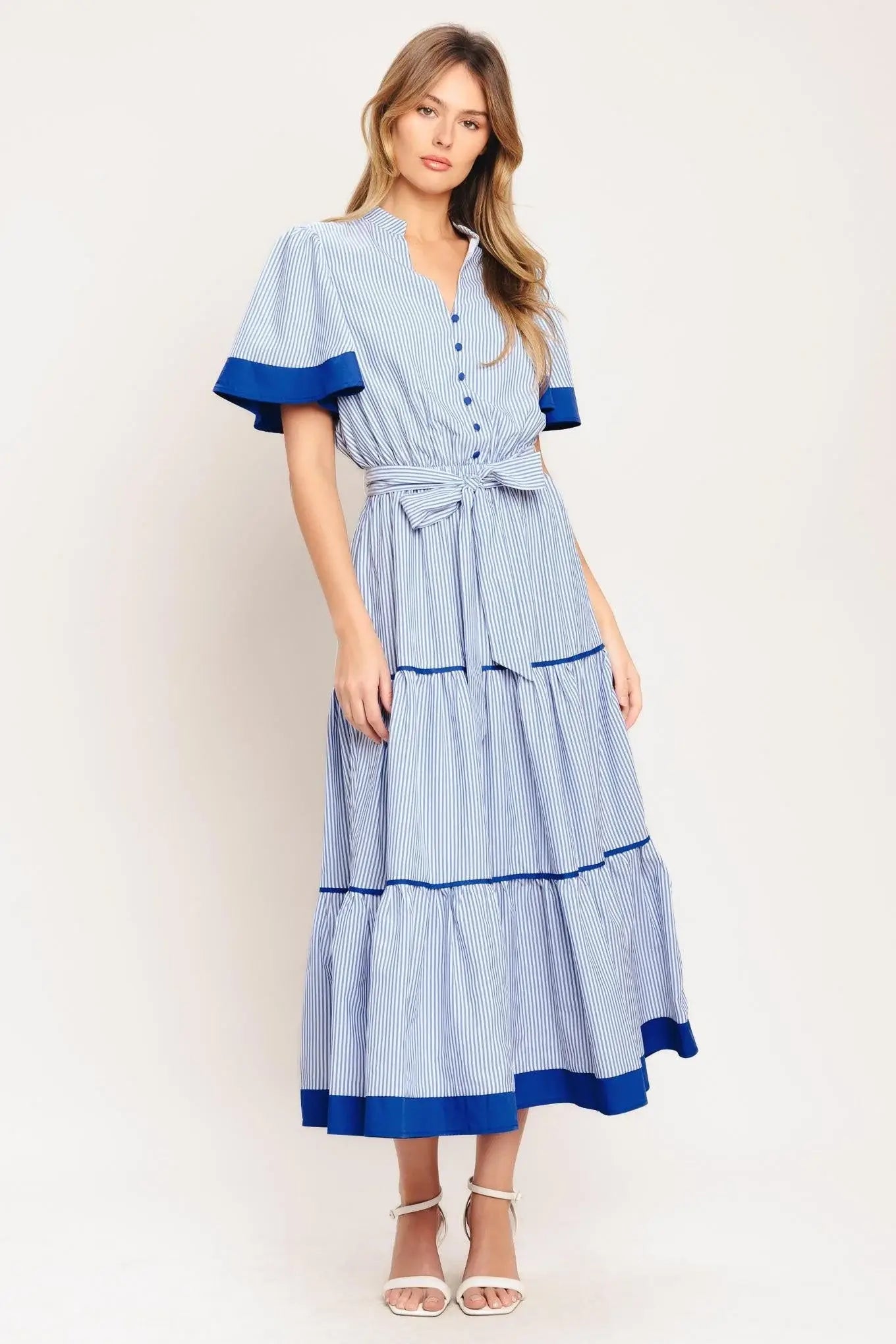 PARIS MORNING BLUE WOVEN MIDI DRESS - Flying Tomato - Flyclothing LLC