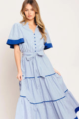 PARIS MORNING BLUE WOVEN MIDI DRESS - Flying Tomato - Flyclothing LLC
