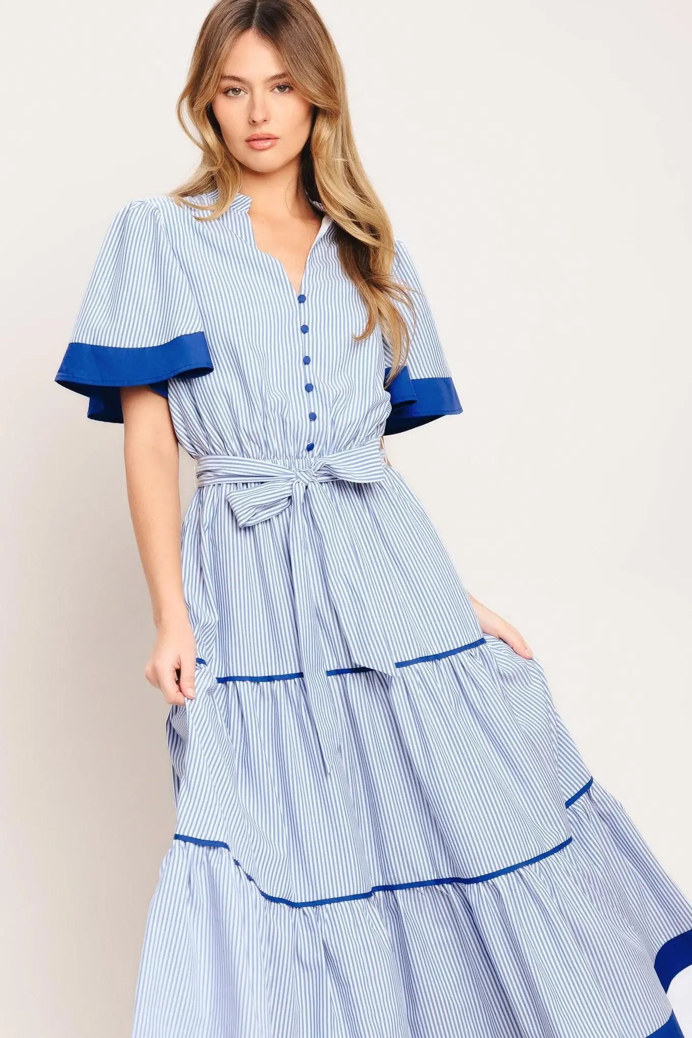 PARIS MORNING BLUE WOVEN MIDI DRESS - Flying Tomato - Flyclothing LLC