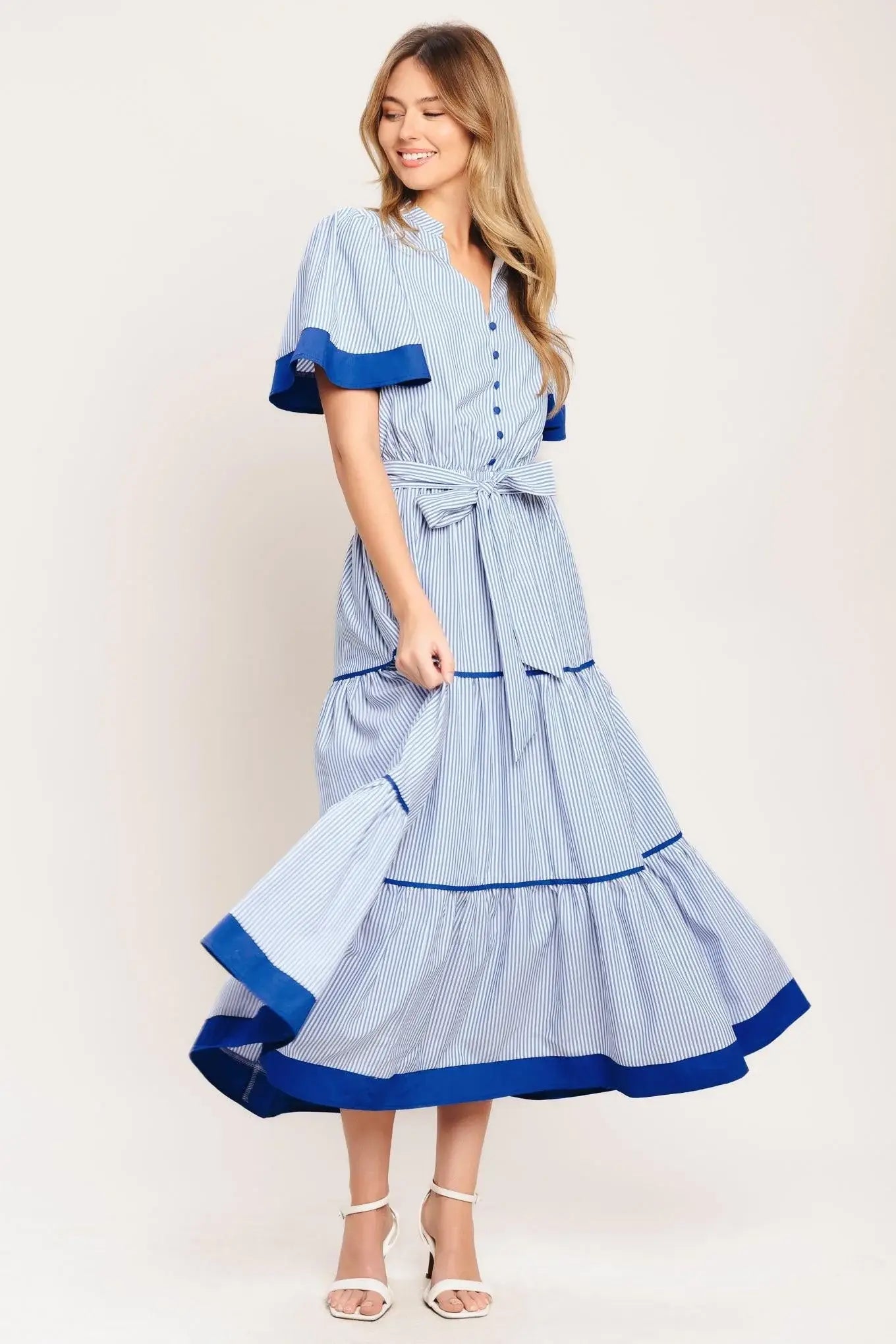 PARIS MORNING BLUE WOVEN MIDI DRESS - Flying Tomato - Flyclothing LLC