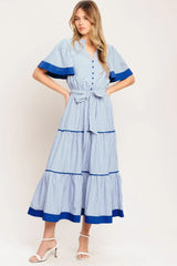 PARIS MORNING BLUE WOVEN MIDI DRESS - Flying Tomato - Flyclothing LLC