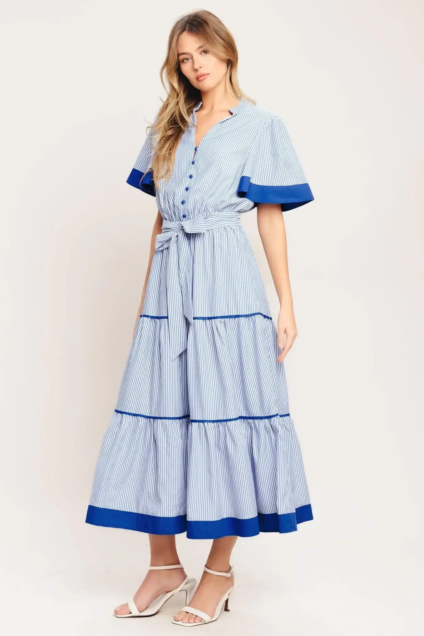 PARIS MORNING BLUE WOVEN MIDI DRESS - Flying Tomato - Flyclothing LLC