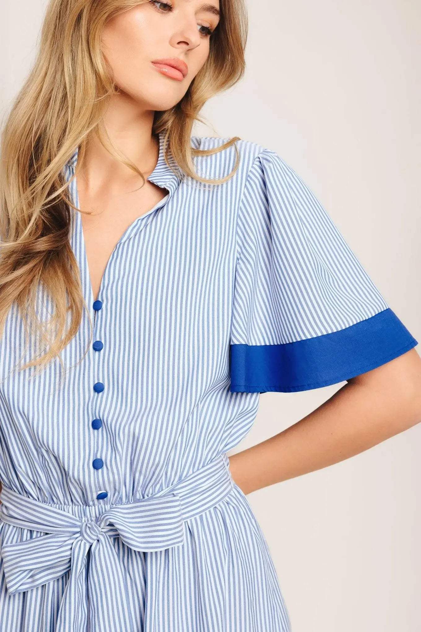PARIS MORNING BLUE WOVEN MIDI DRESS - Flying Tomato - Flyclothing LLC