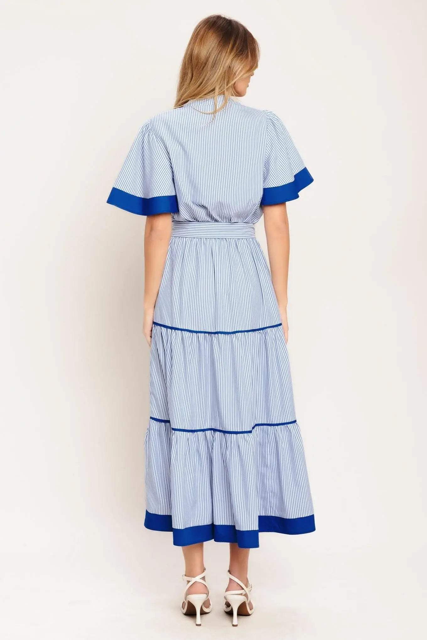 PARIS MORNING BLUE WOVEN MIDI DRESS - Flying Tomato - Flyclothing LLC