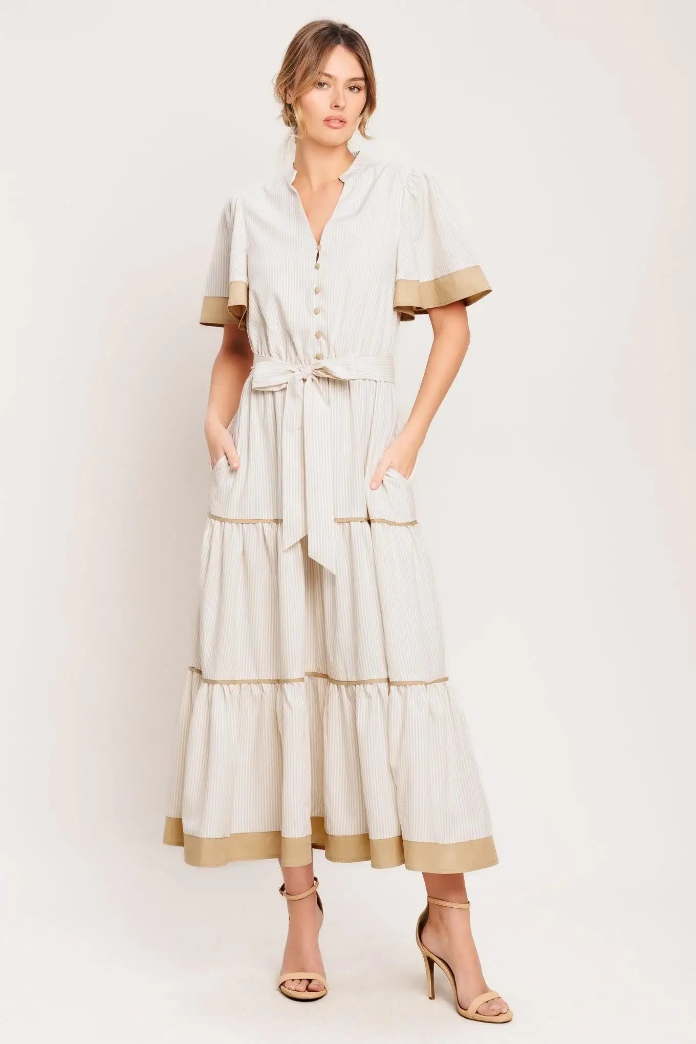 PARIS MORNING TAUPE WOVEN MIDI DRESS - Flying Tomato - Flyclothing LLC