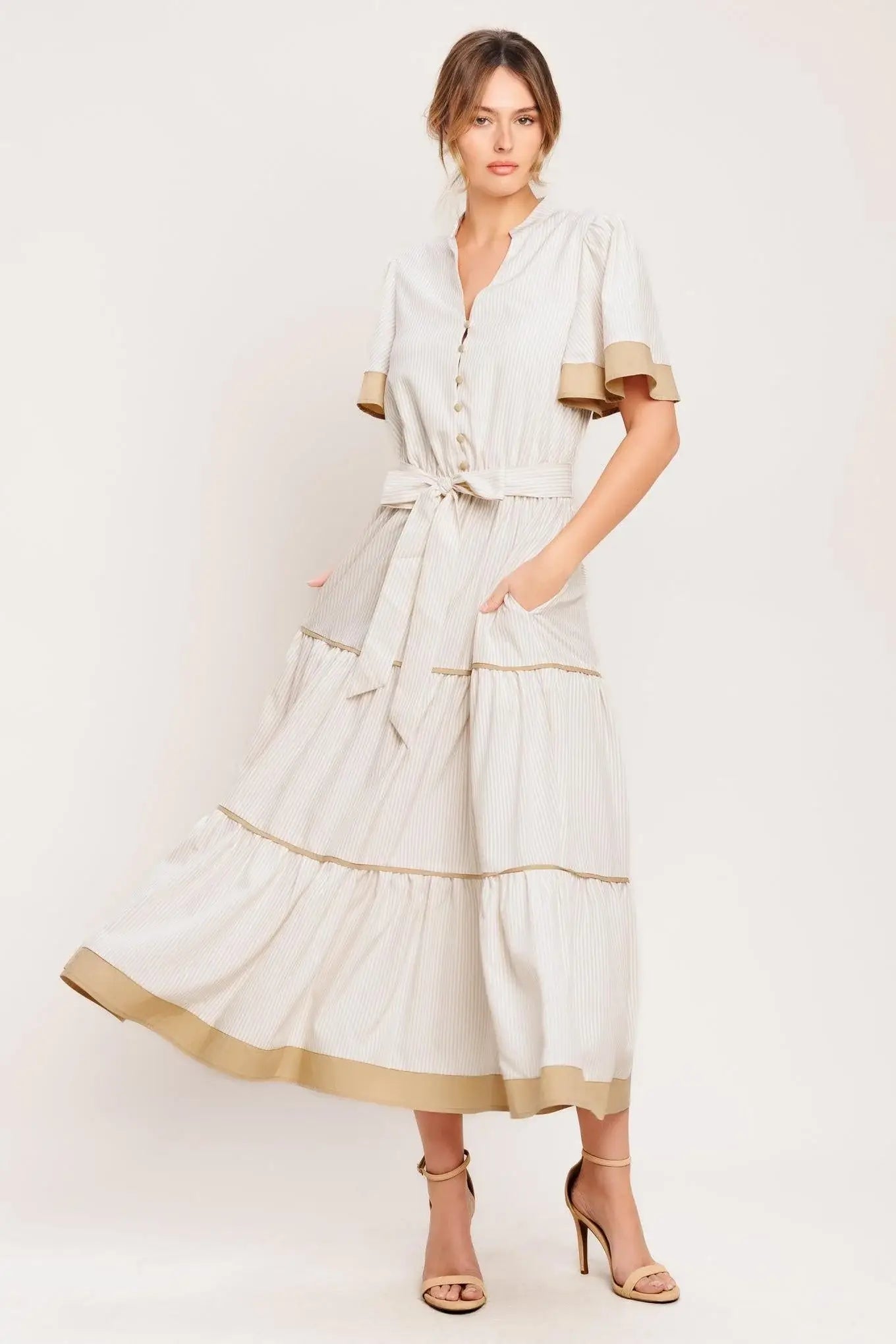 PARIS MORNING TAUPE WOVEN MIDI DRESS - Flying Tomato - Flyclothing LLC