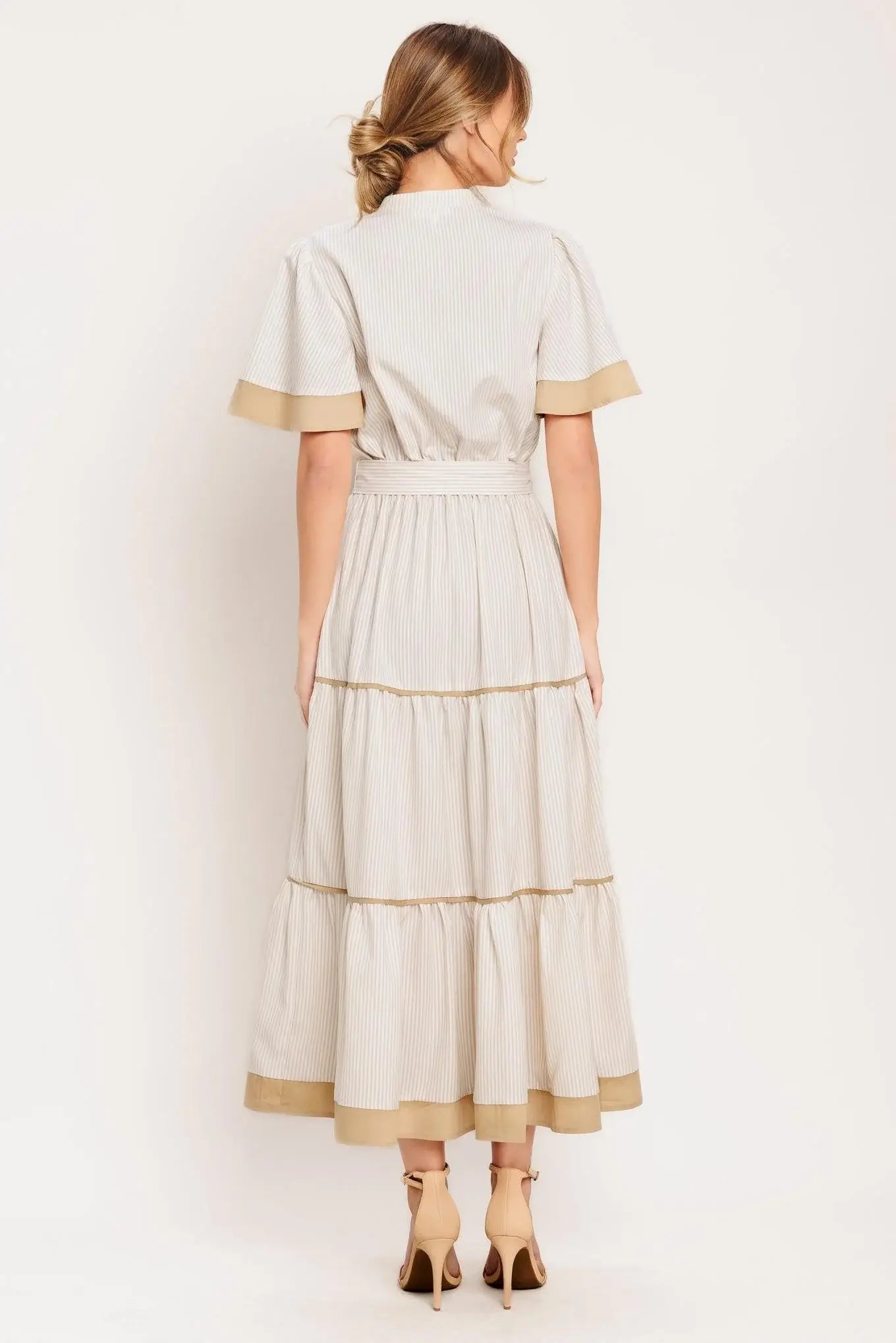 PARIS MORNING TAUPE WOVEN MIDI DRESS - Flying Tomato - Flyclothing LLC