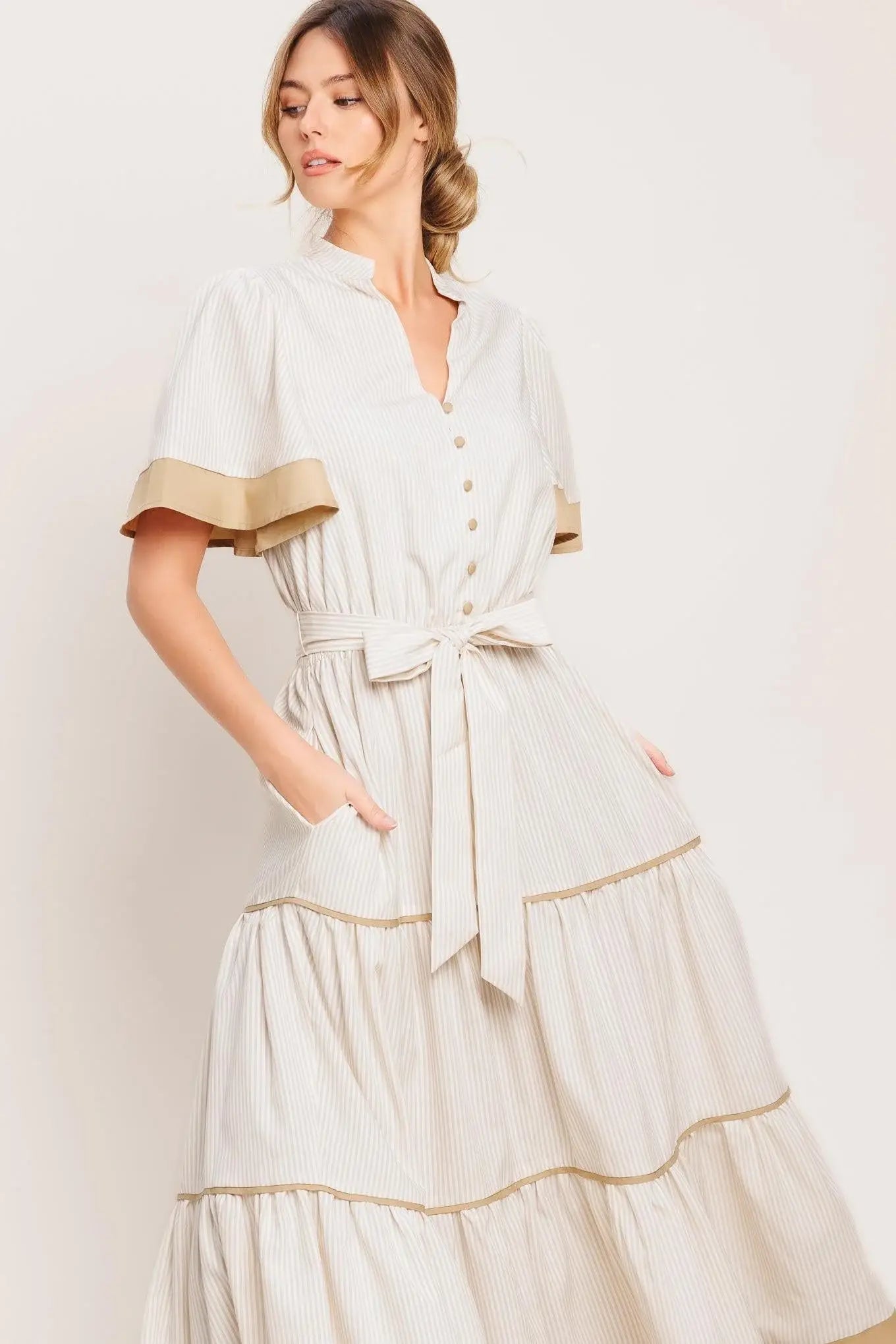 PARIS MORNING TAUPE WOVEN MIDI DRESS - Flying Tomato - Flyclothing LLC