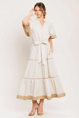 PARIS MORNING TAUPE WOVEN MIDI DRESS - Flying Tomato - Flyclothing LLC