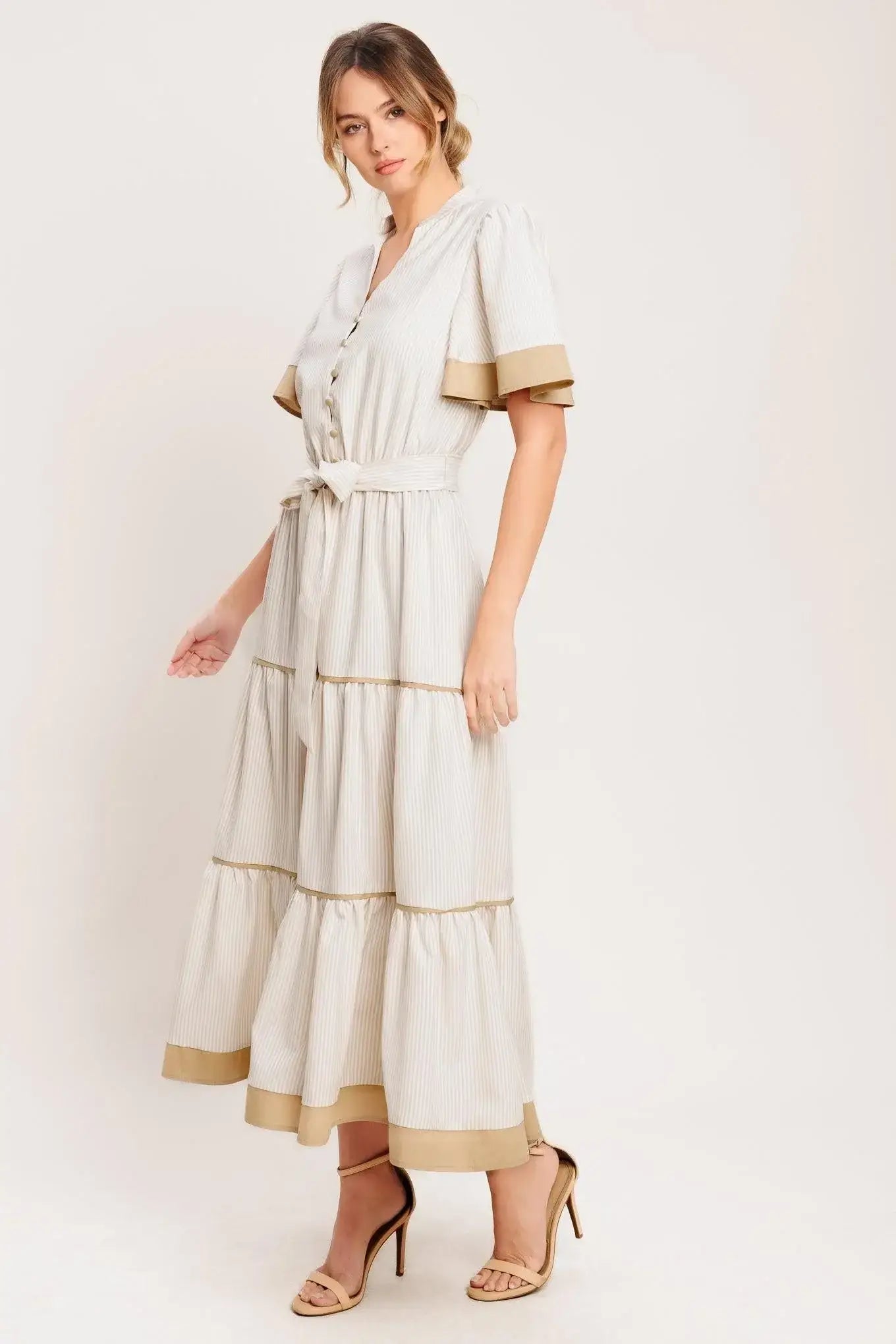 PARIS MORNING TAUPE WOVEN MIDI DRESS - Flying Tomato - Flyclothing LLC