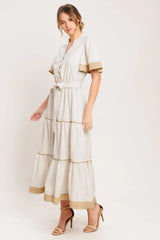 PARIS MORNING TAUPE WOVEN MIDI DRESS - Flying Tomato - Flyclothing LLC