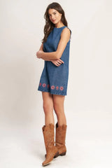 ARTISAN-INSPIRED DENIM MINI SHIFT DRESS - Flying Tomato - Flyclothing LLC