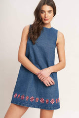 ARTISAN-INSPIRED DENIM MINI SHIFT DRESS - Flying Tomato - Flyclothing LLC
