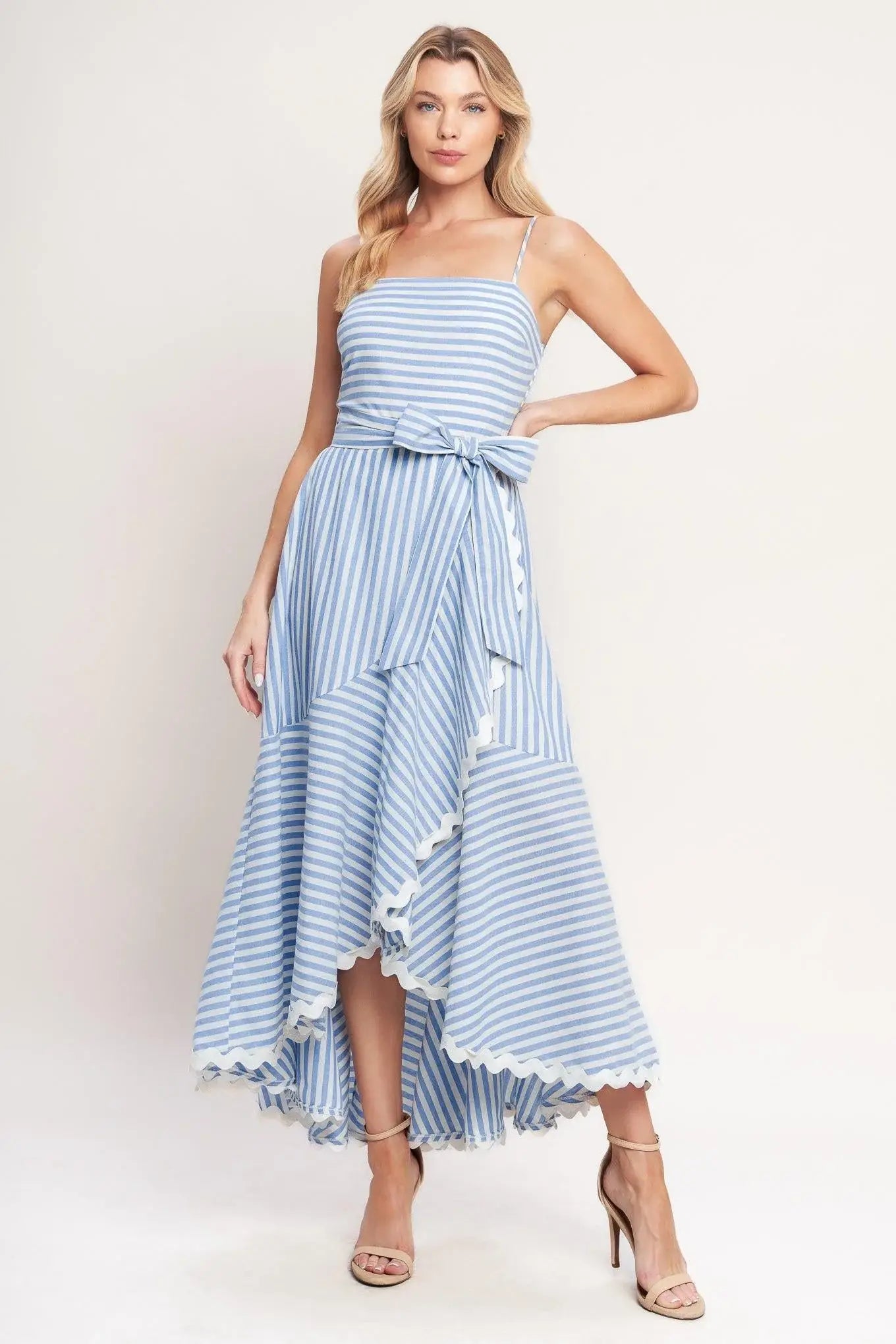 TIED TO YOU STRIPED WOVEN MIDI DRESS - Flying Tomato - Flyclothing LLC