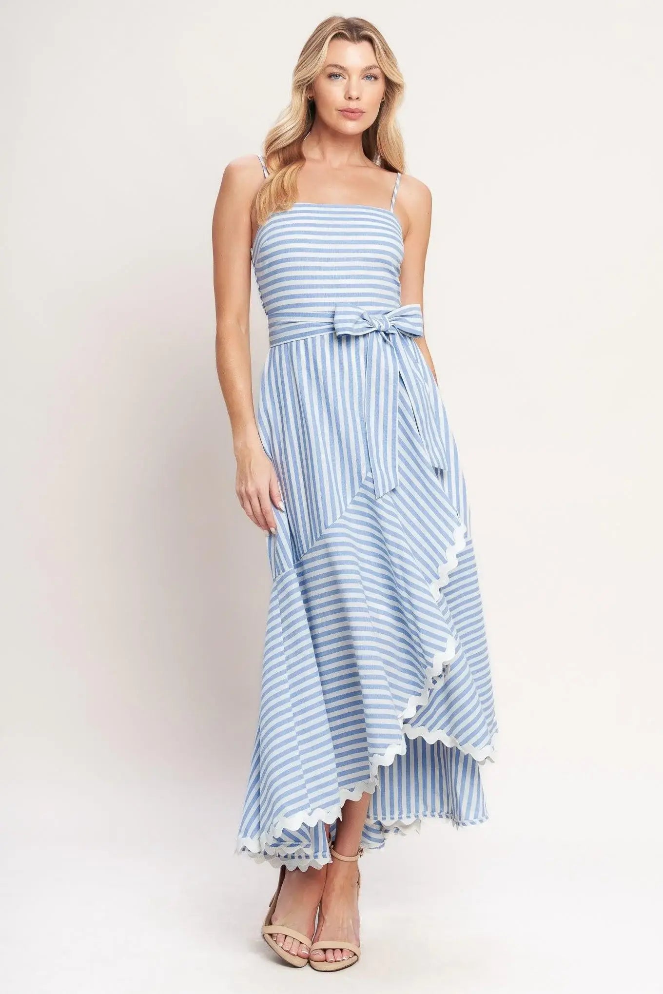 TIED TO YOU STRIPED WOVEN MIDI DRESS - Flying Tomato - Flyclothing LLC