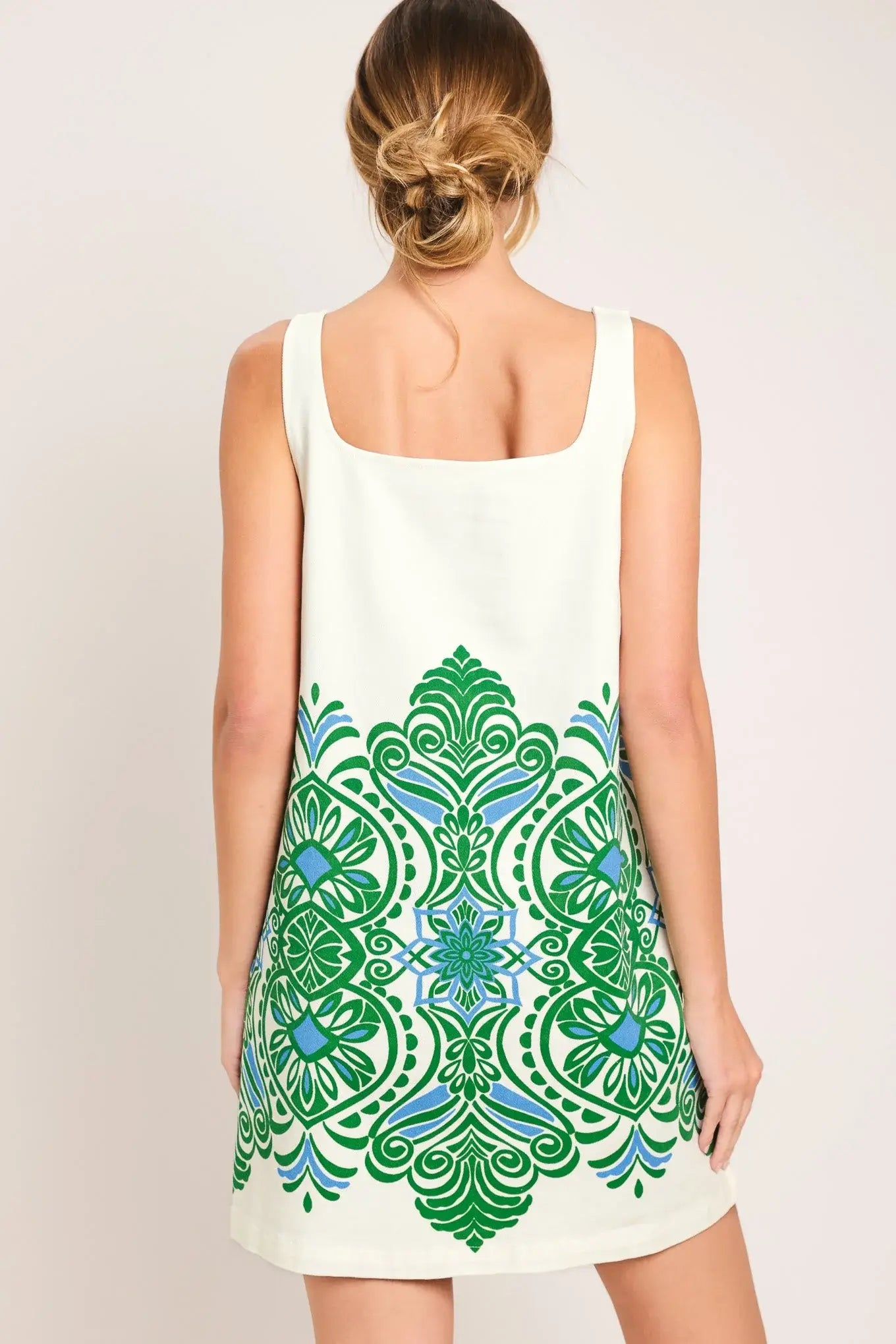GREEN MOTIF WOVEN MINI DRESS - Flying Tomato - Flyclothing LLC