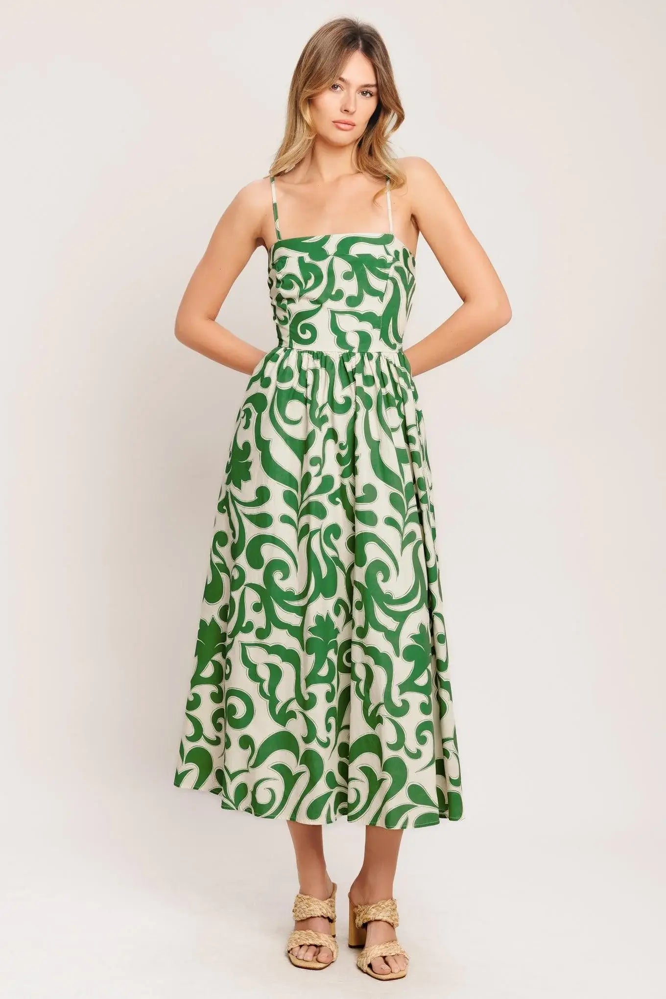 ART NOUVEAU FLORAL WOVEN MIDI DRESS - Flying Tomato - Flyclothing LLC