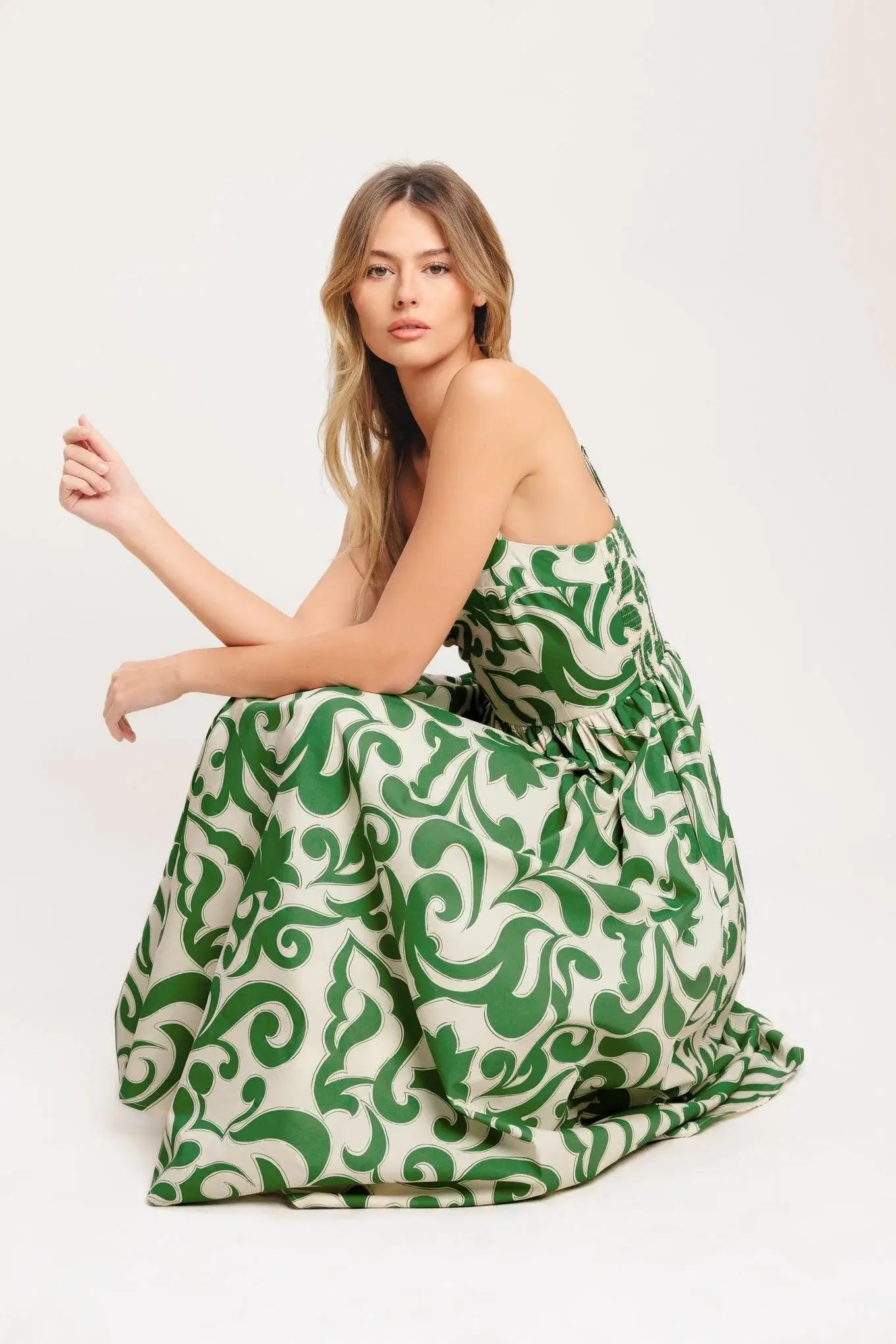 ART NOUVEAU FLORAL WOVEN MIDI DRESS - Flying Tomato - Flyclothing LLC