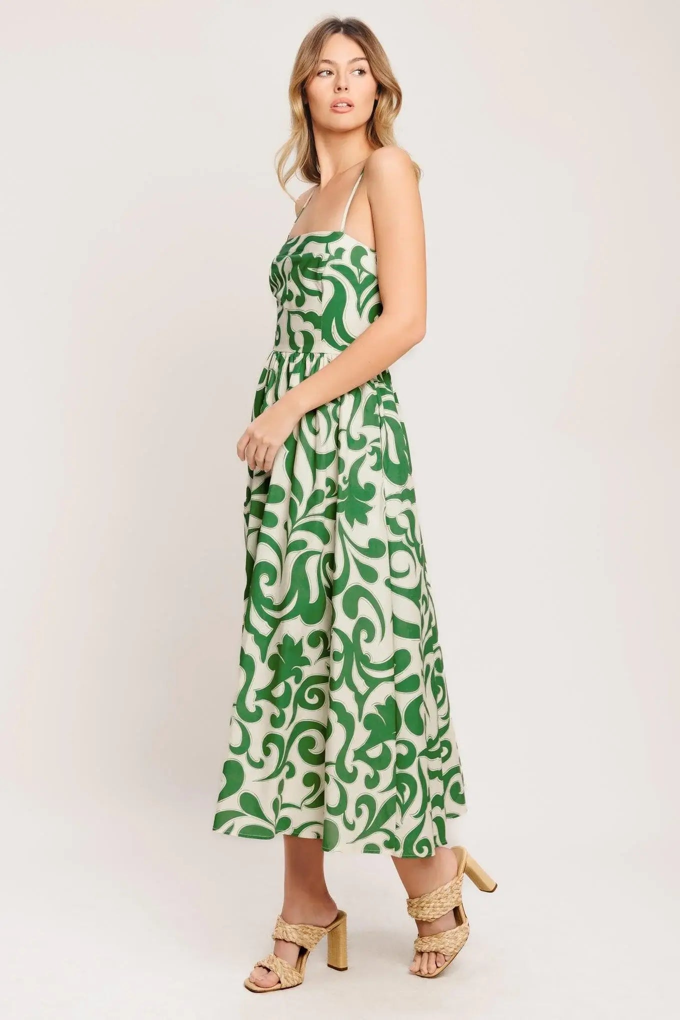 ART NOUVEAU FLORAL WOVEN MIDI DRESS - Flying Tomato - Flyclothing LLC