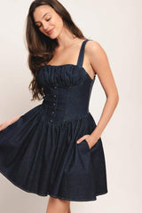 MODERN INDIGO DENIM MINI DRESS - Flying Tomato - Flyclothing LLC