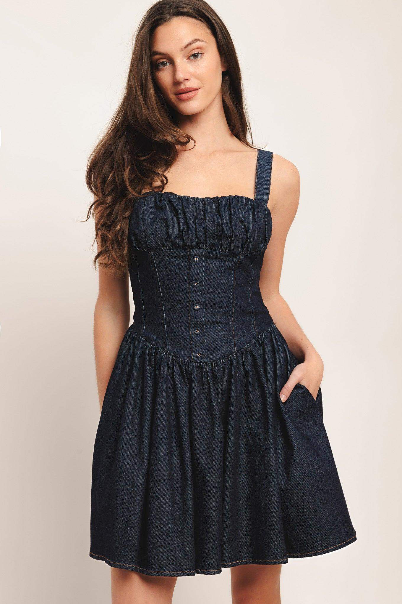 MODERN INDIGO DENIM MINI DRESS - Flying Tomato - Flyclothing LLC
