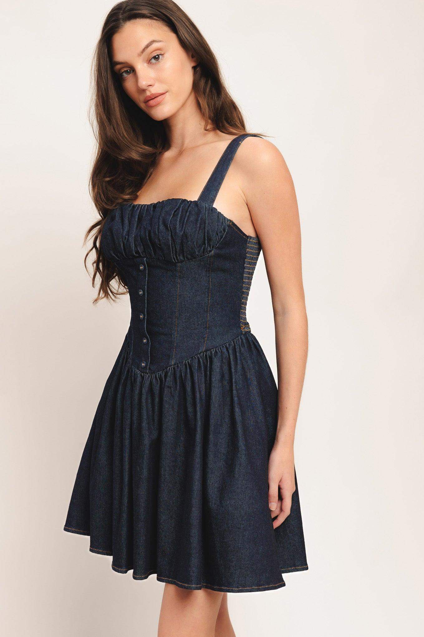 MODERN INDIGO DENIM MINI DRESS - Flying Tomato - Flyclothing LLC