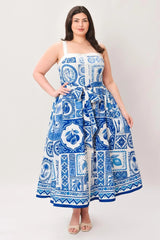 BLUE MAJOLICA CHARM WOVEN MIDI DRESS - Flying Tomato - Flyclothing LLC