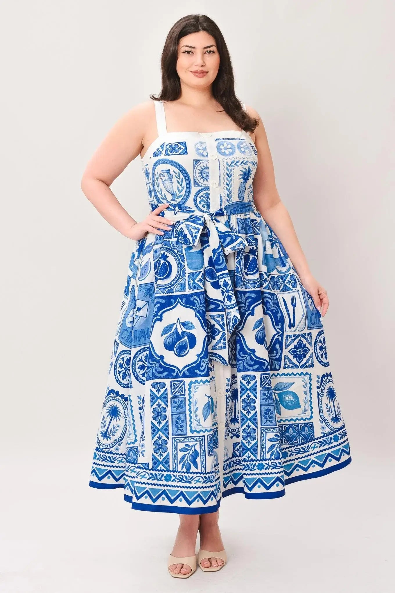 BLUE MAJOLICA CHARM WOVEN MIDI DRESS - Flying Tomato - Flyclothing LLC