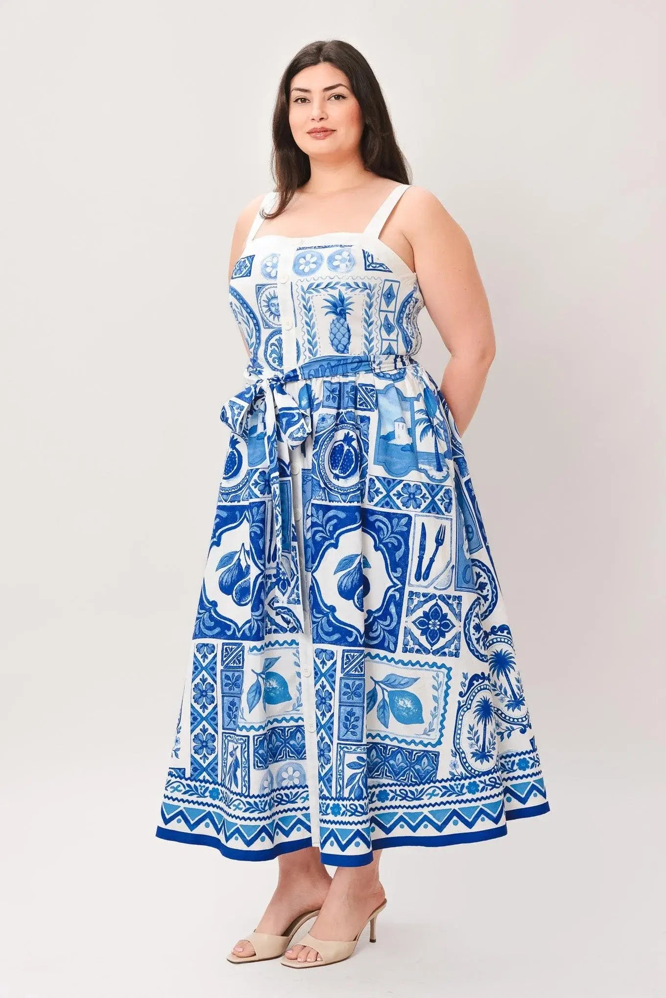 BLUE MAJOLICA CHARM WOVEN MIDI DRESS - Flying Tomato - Flyclothing LLC