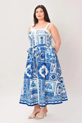 BLUE MAJOLICA CHARM WOVEN MIDI DRESS - Flying Tomato - Flyclothing LLC