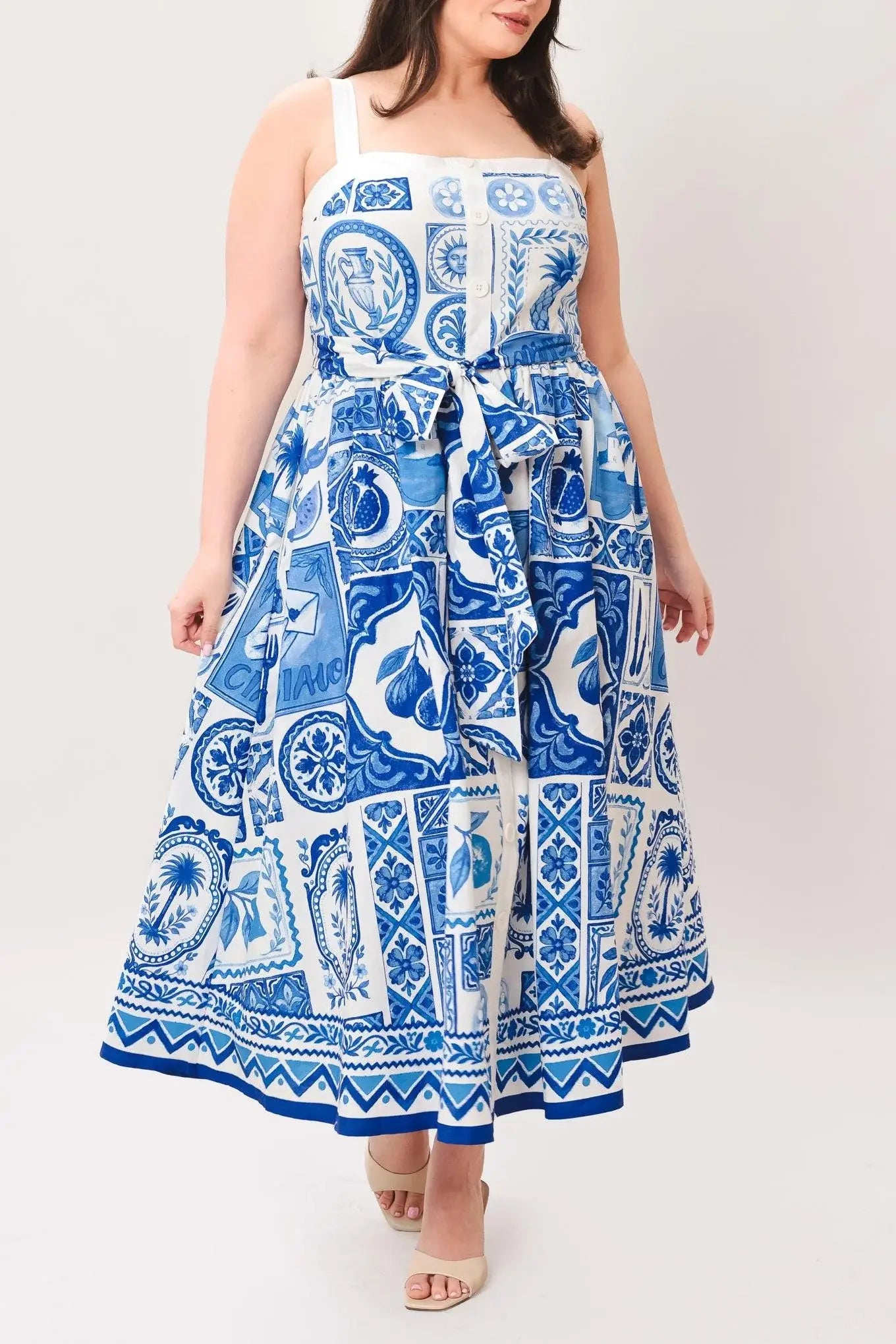 BLUE MAJOLICA CHARM WOVEN MIDI DRESS - Flying Tomato - Flyclothing LLC