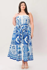 BLUE MAJOLICA CHARM WOVEN MIDI DRESS - Flying Tomato - Flyclothing LLC