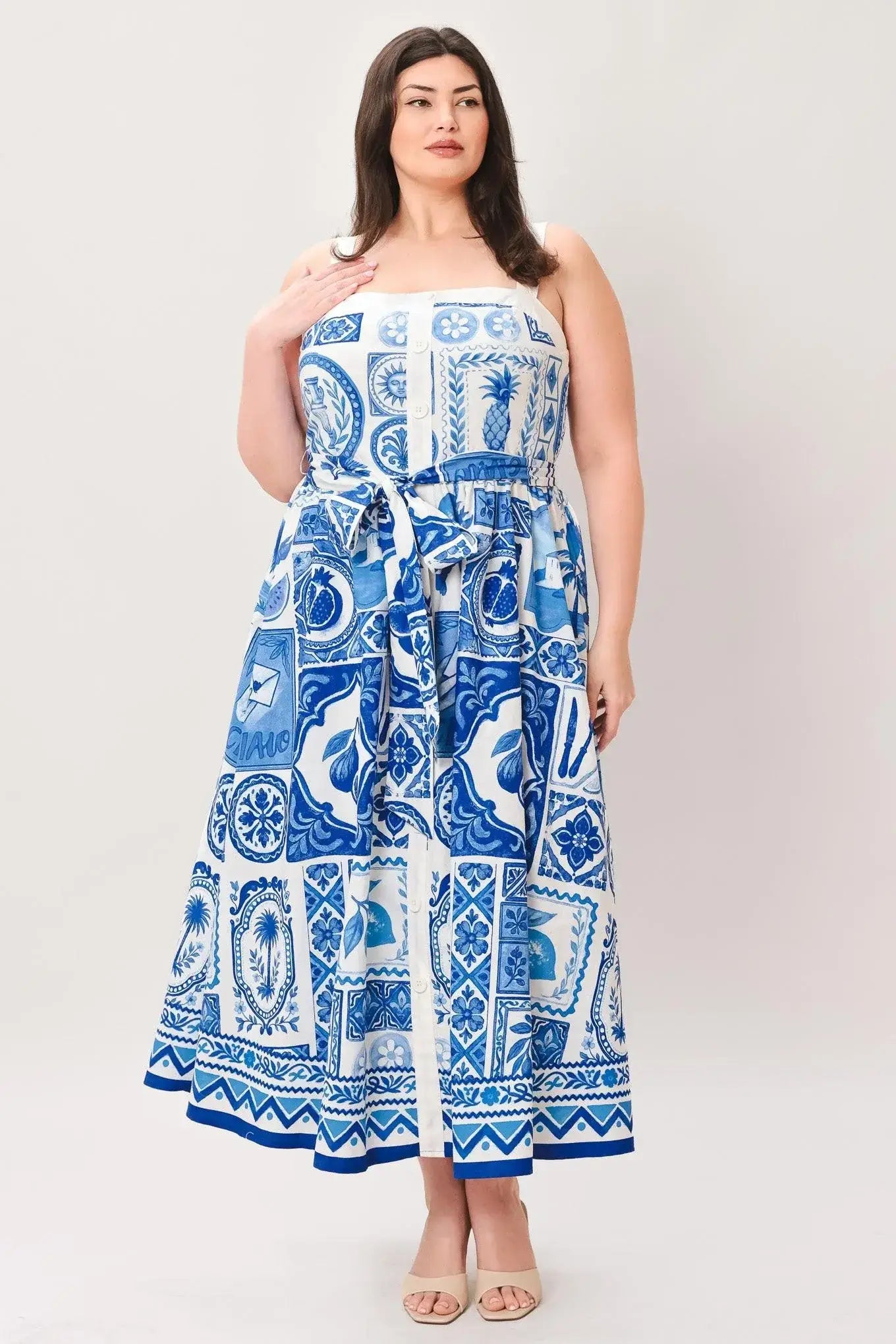 BLUE MAJOLICA CHARM WOVEN MIDI DRESS - Flying Tomato - Flyclothing LLC