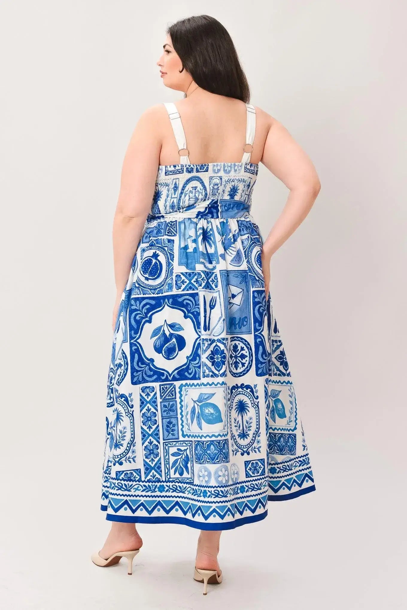 BLUE MAJOLICA CHARM WOVEN MIDI DRESS - Flying Tomato - Flyclothing LLC