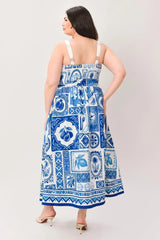 BLUE MAJOLICA CHARM WOVEN MIDI DRESS - Flying Tomato - Flyclothing LLC