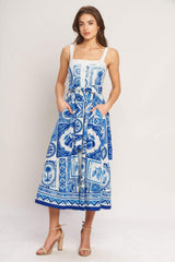 BLUE MAJOLICA CHARM WOVEN MIDI DRESS - Flying Tomato - Flyclothing LLC