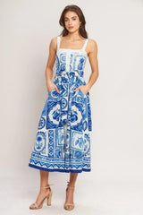BLUE MAJOLICA CHARM WOVEN MIDI DRESS - Flying Tomato - Flyclothing LLC