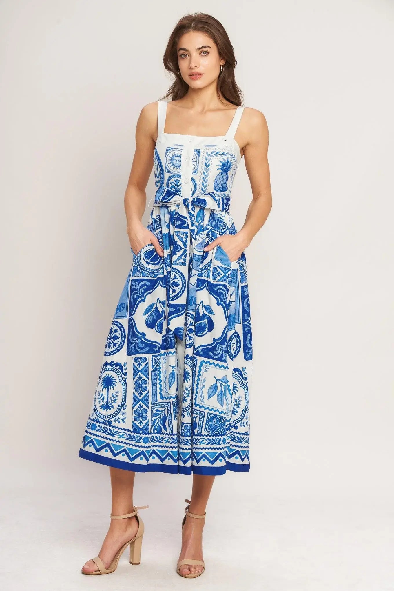 BLUE MAJOLICA CHARM WOVEN MIDI DRESS - Flying Tomato - Flyclothing LLC