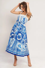 BLUE MAJOLICA CHARM WOVEN MIDI DRESS - Flying Tomato - Flyclothing LLC