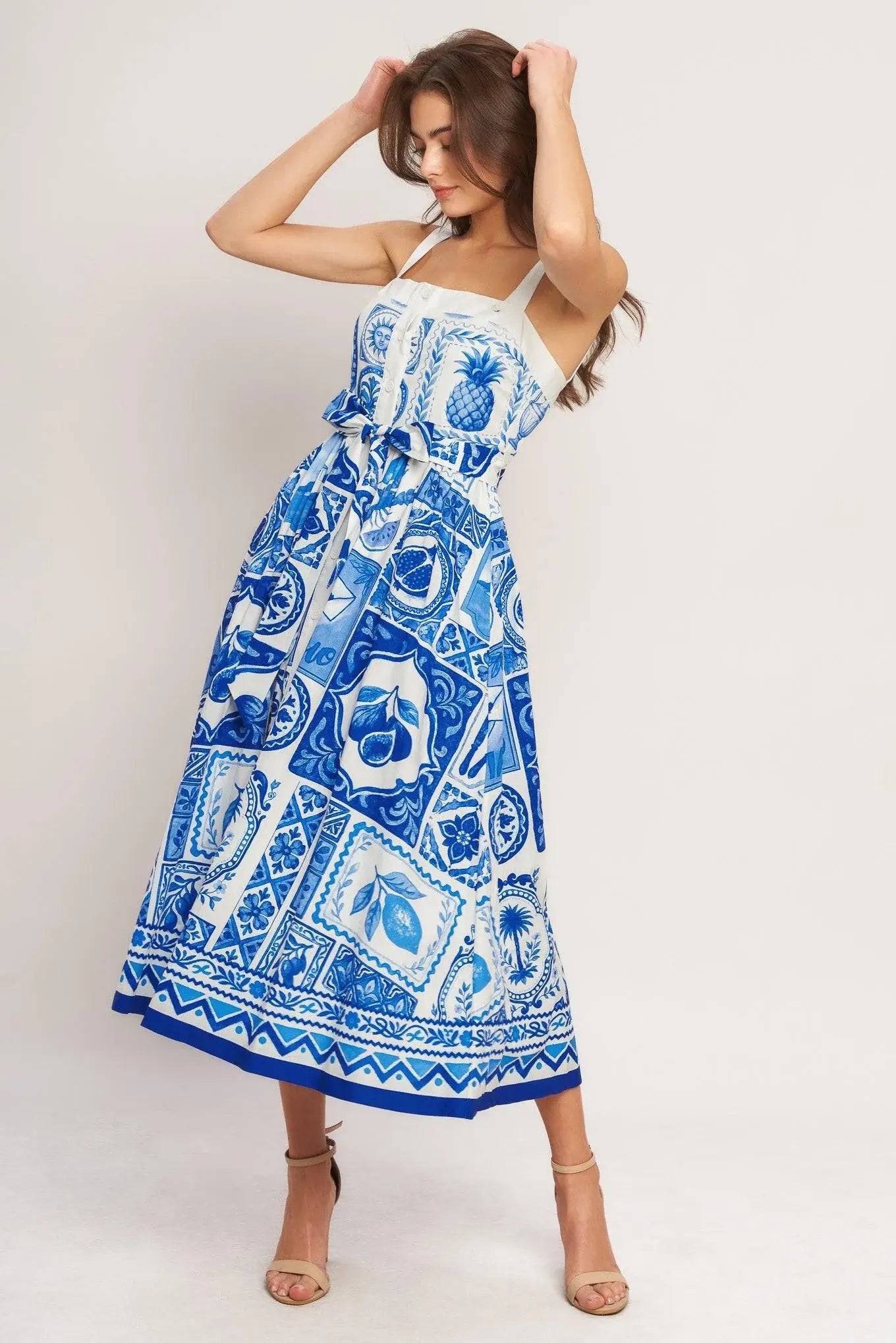 BLUE MAJOLICA CHARM WOVEN MIDI DRESS - Flying Tomato - Flyclothing LLC