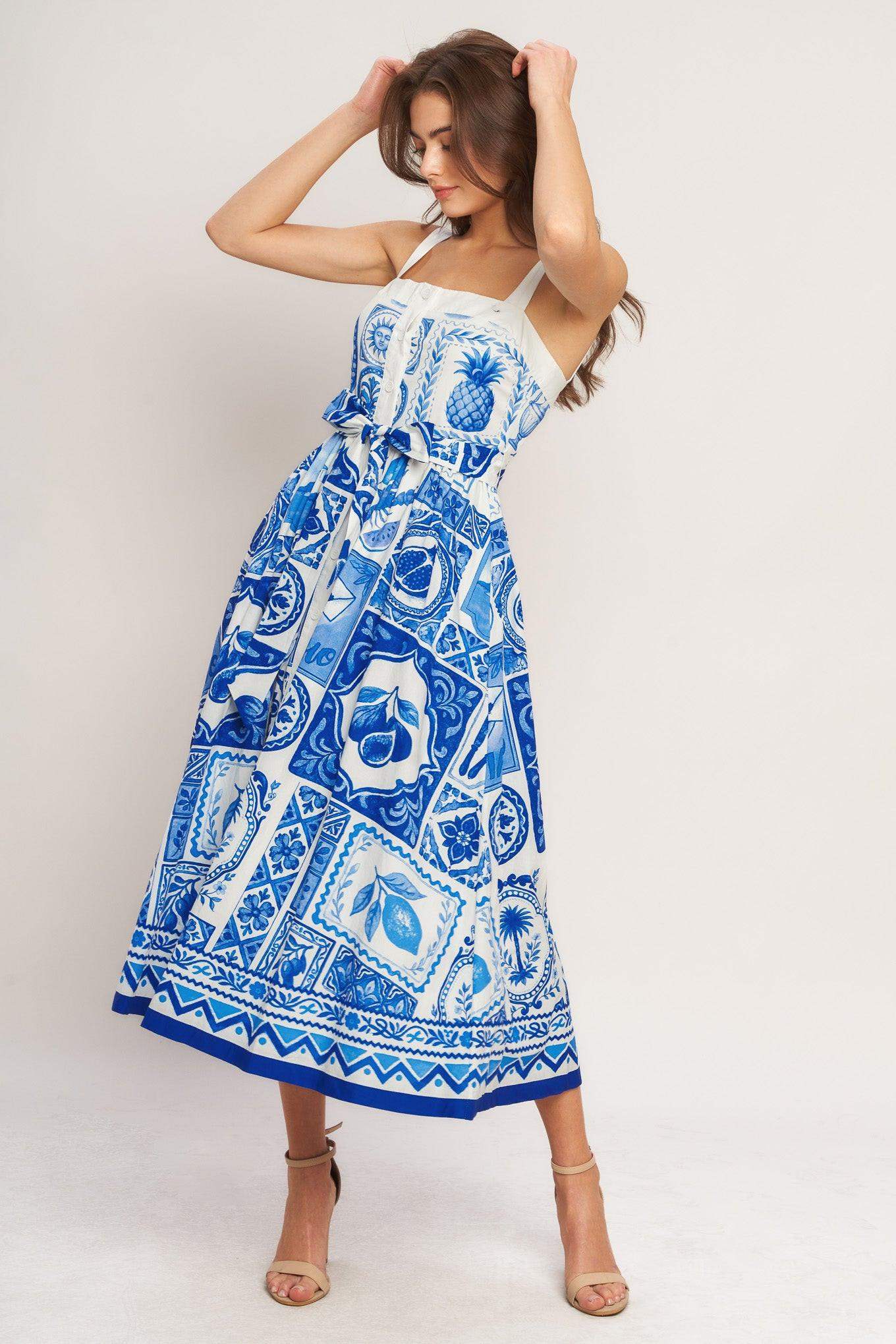 BLUE MAJOLICA CHARM WOVEN MIDI DRESS - Flying Tomato - Flyclothing LLC